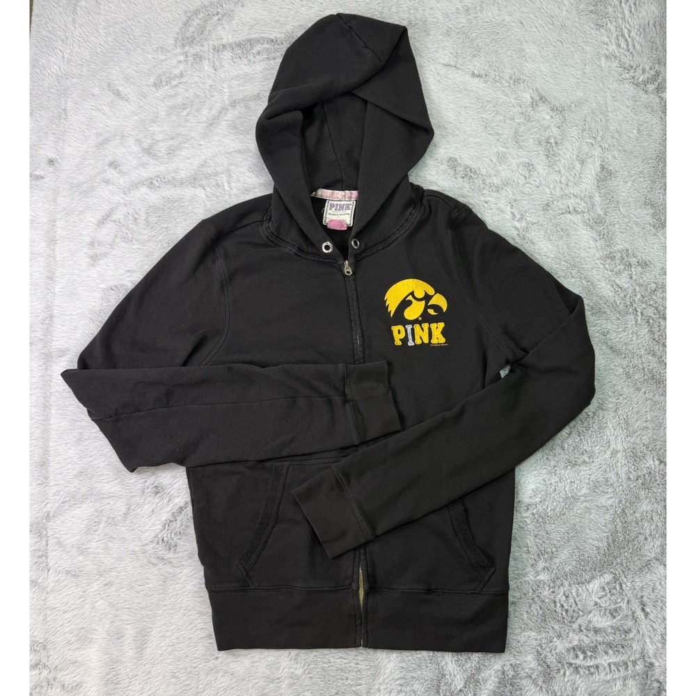 Iowa Hawkeyes Victoria Secret PINK Full Zip Pullover Hoodie Womens Medium Black